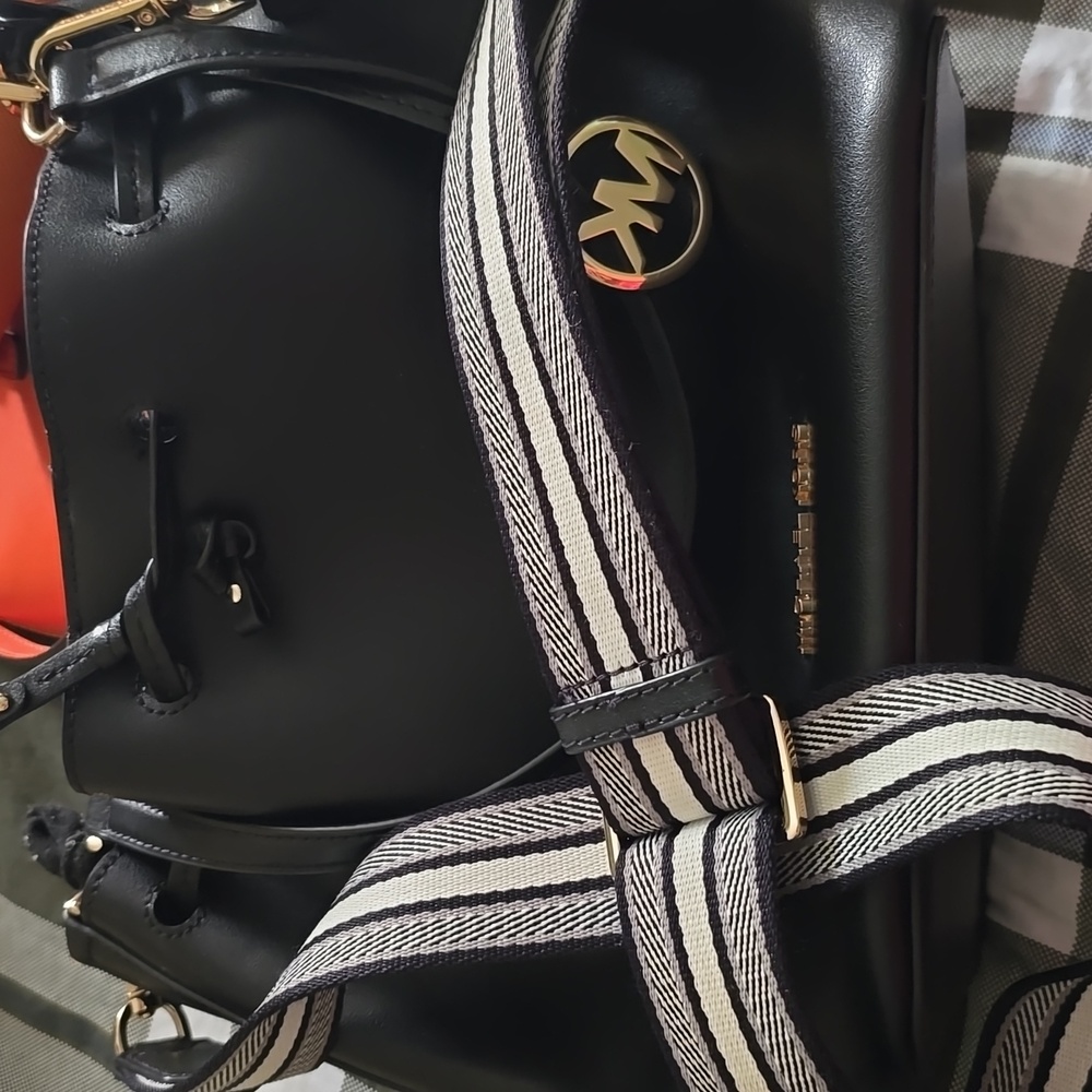 Michael Kors Black Bucket Bag with Striped Strap